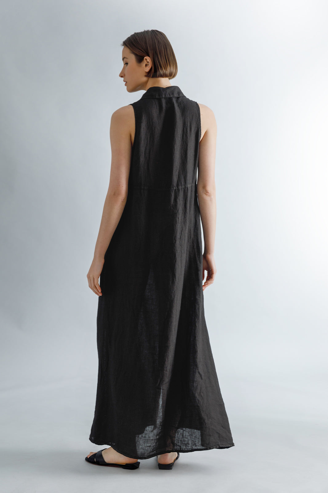 Linen Black Maxi Sleevless Shirt Dress