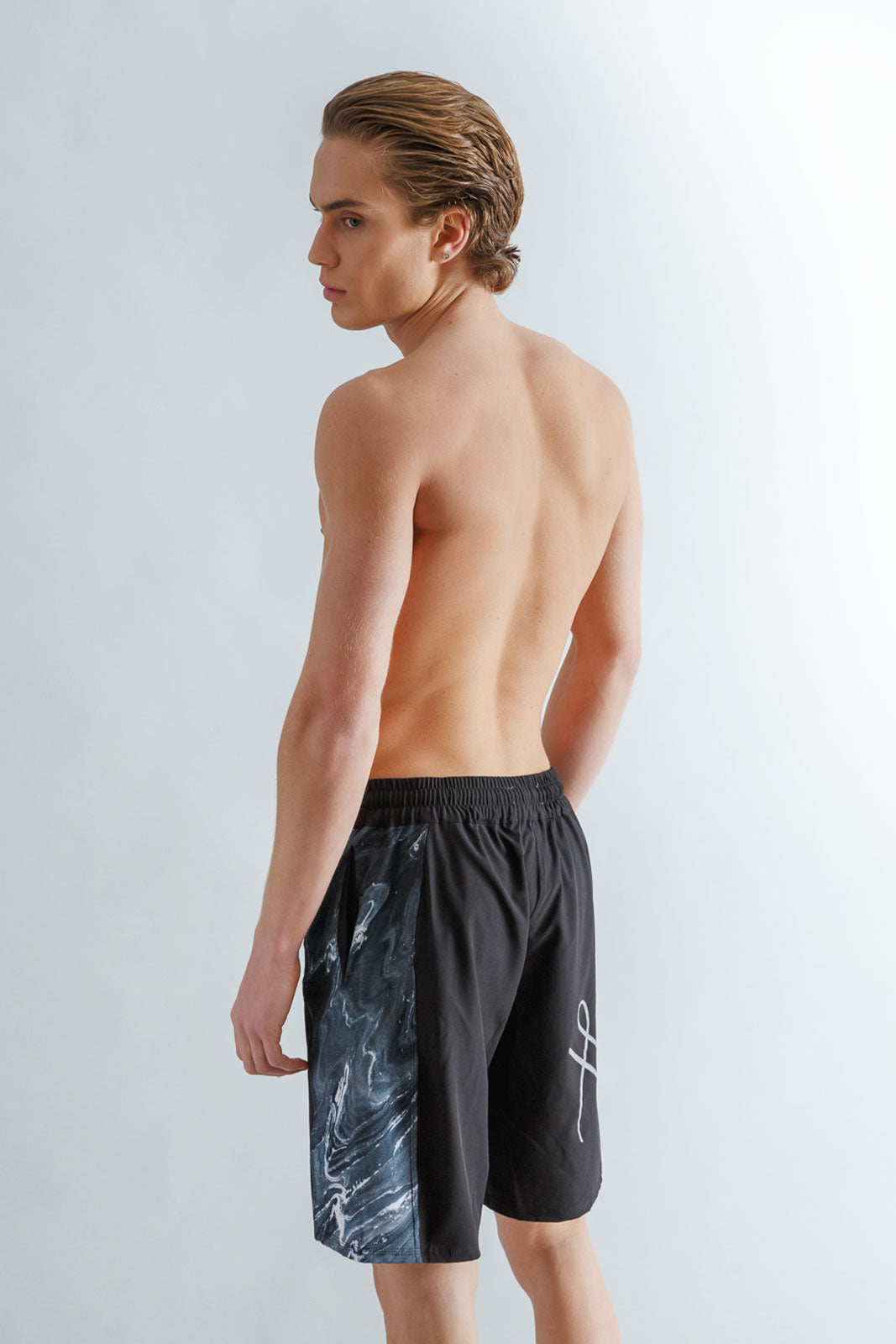 Long Swim Shorts with logo and print design