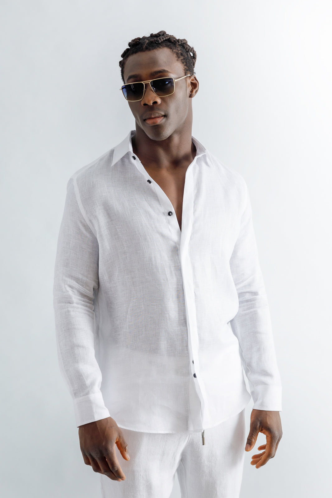 White Linen Classic Collar Covered Placket Shirt