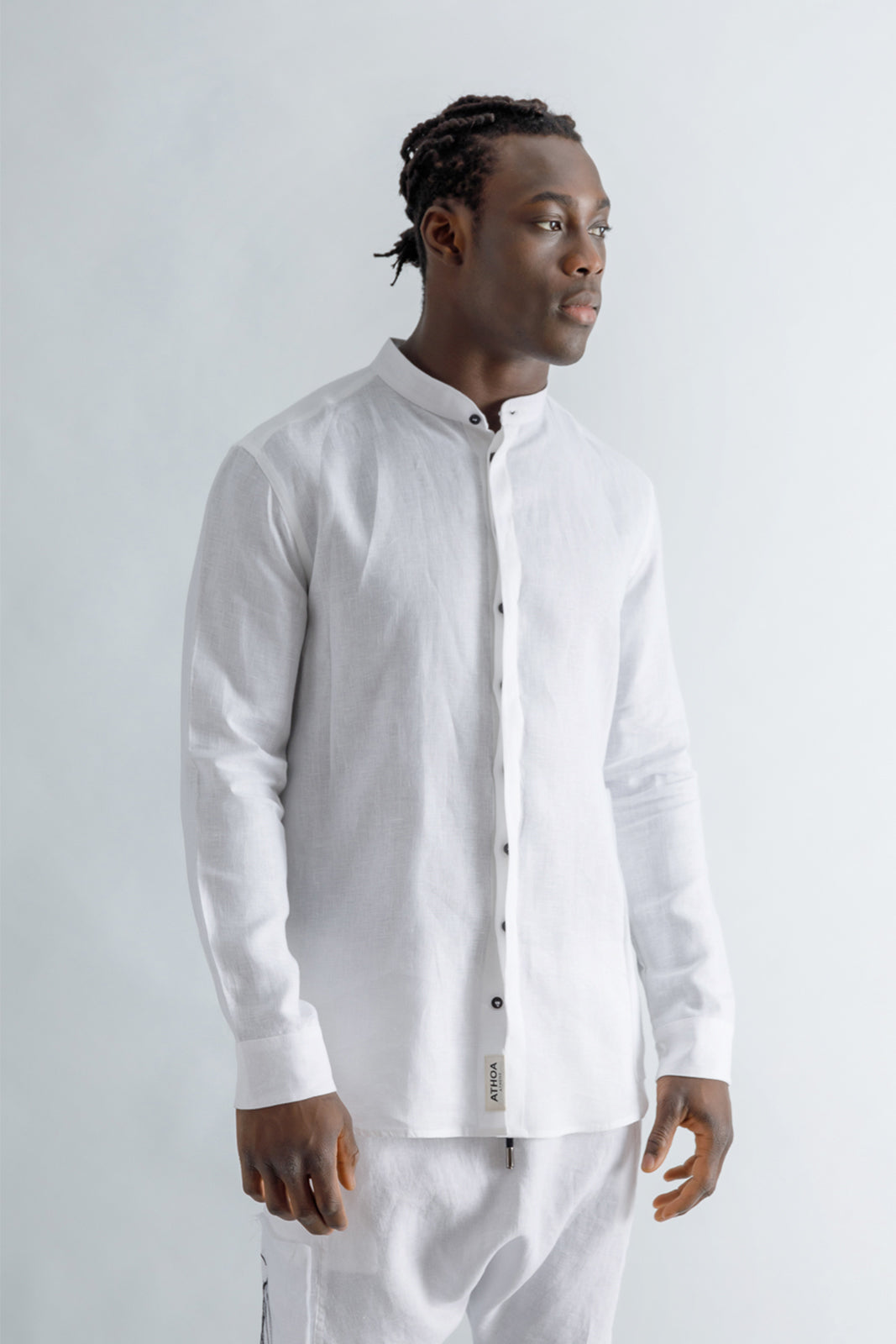 Linen Mao Collar Shirt with Embroidery