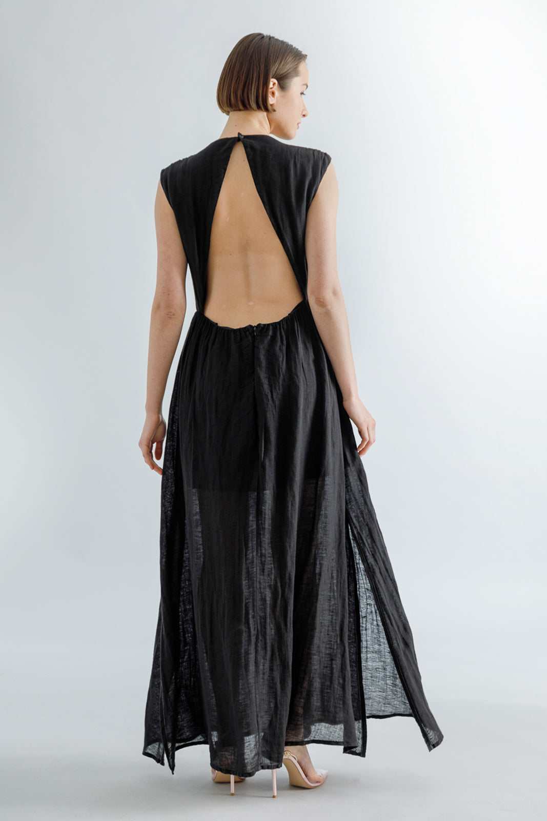 Maxi Linen Black Dress Open-Back