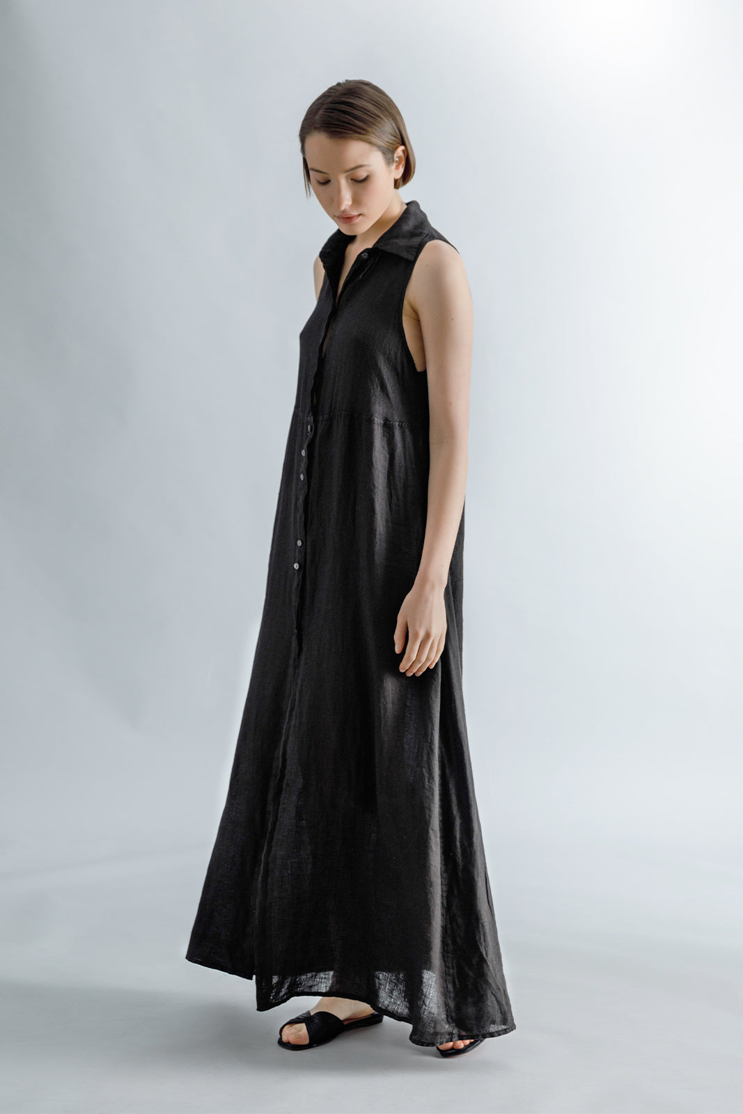 Linen Black Maxi Sleevless Shirt Dress