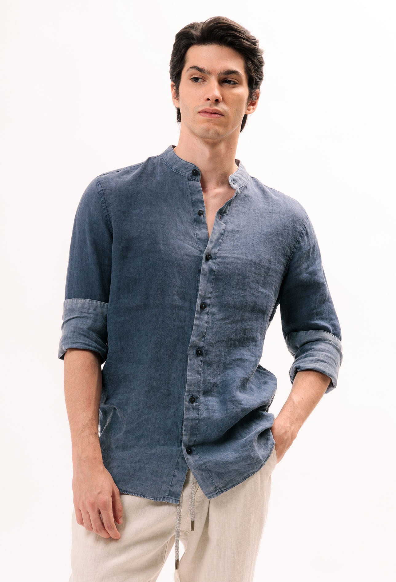 Linen mandarin-collar vintage shirt mg156